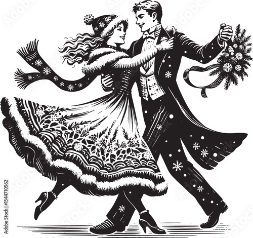 Enchanting winter waltz: A festive couple's dance in monochrome