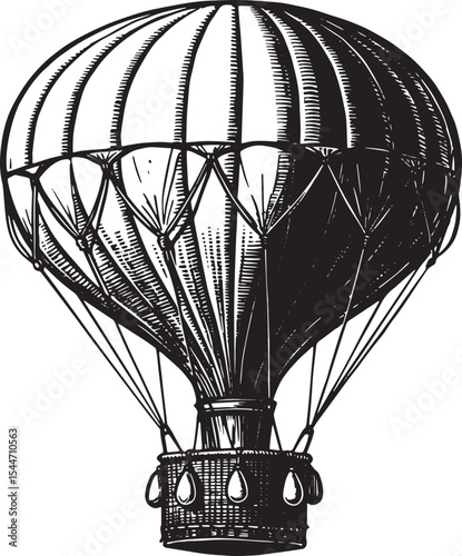 Vintage hot air balloon illustration in black and white on a whi
