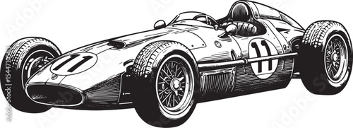 Vintage Formula 1 Race Car Illustration in Black and White on Wh