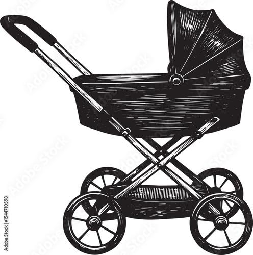Vintage hand-drawn illustration of a baby carriage on a white ba