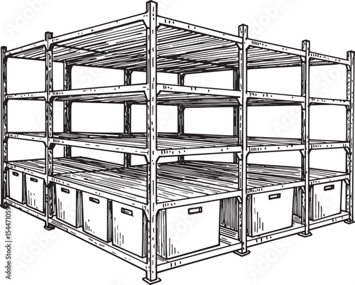 Black and white illustration of a storage rack with shelves and