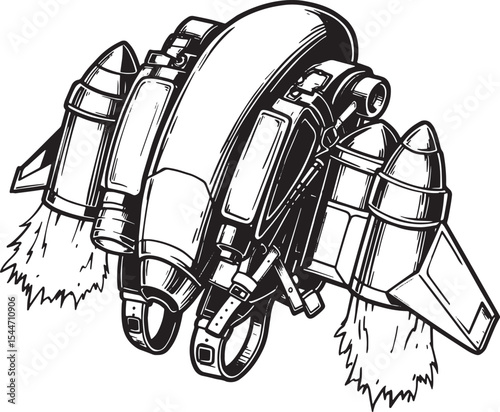 Detailed Black and White Illustration of a Futuristic Jetpack Fl