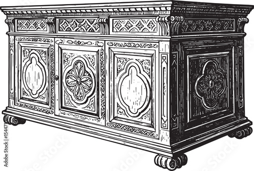 Detailed Illustration of an Antique Wooden Cabinet with Ornate C