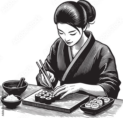 Woodcut illustration of woman preparing sushi in traditional sty