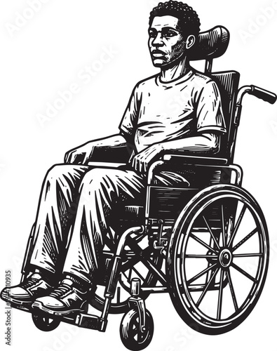 Black and white drawing of a man sitting in a wheelchair, graphi