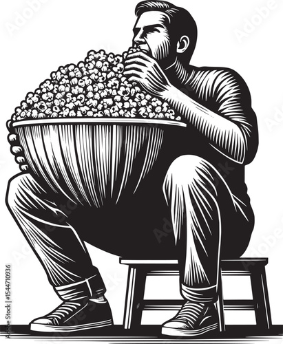 Monochrome drawing of a man indulging in a giant bowl of popcorn
