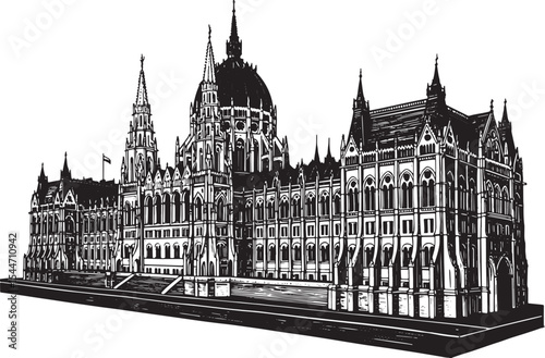 Black and White Illustration of the Hungarian Parliament Buildin