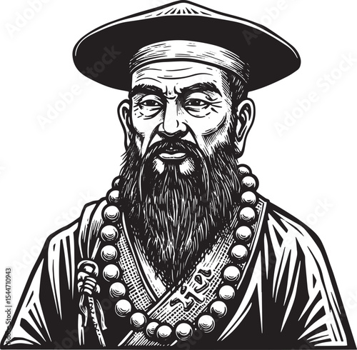 Black and white illustration of an Asian man wearing a hat and a