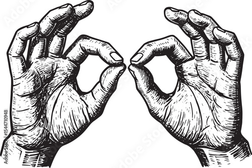 Engraved Illustration of Two Hands Forming the Okay Gesture, Bla