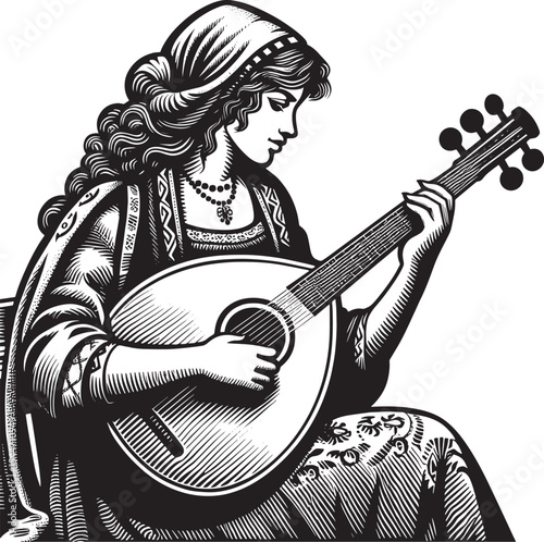 Monochrome Woodcut Style Illustration of Woman Playing a Bouzouk