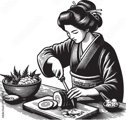 Monochrome woodcut illustration of a woman preparing sushi with