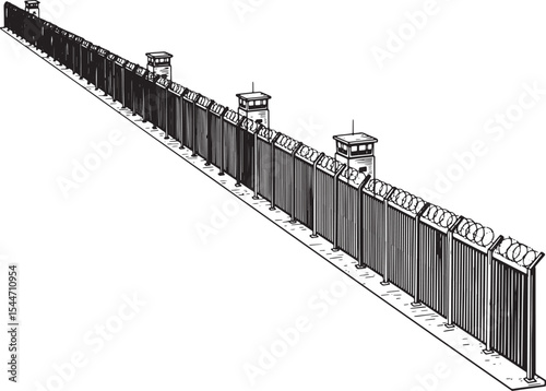A detailed black and white illustration of a high security priso