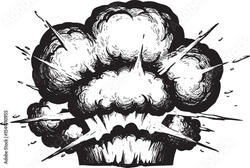 Detailed black and white illustration of a powerful explosion ag