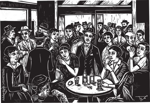 Illustration of a 1920s Speakeasy Scene with People Drinking and