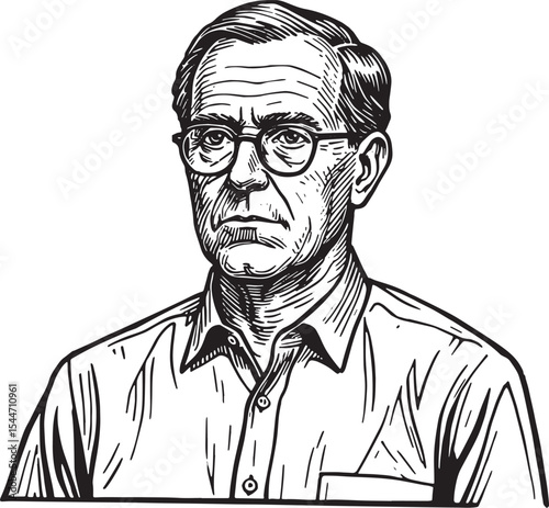Black and white illustration of an elderly man wearing glasses l
