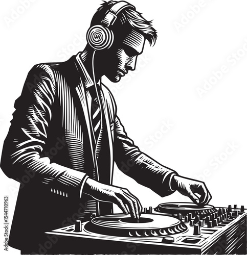 Monochrome depiction of a suit-clad DJ mixing music with retro t