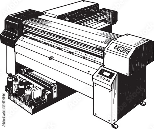 Detailed Black and White Illustration of a Large Format Printer