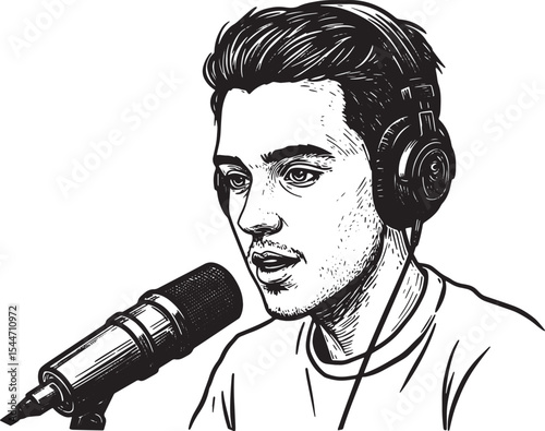 Illustration of a man with headphones, speaking into a microphon