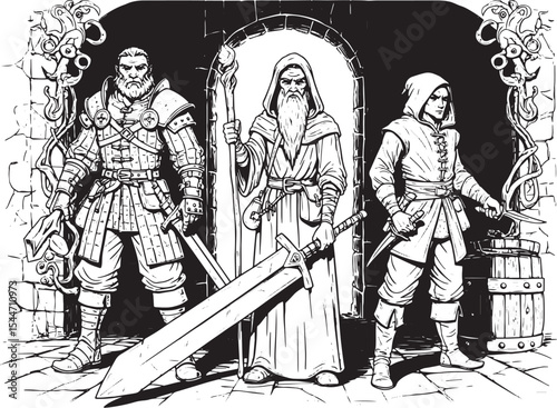Ink Drawing of a Fantasy Warrior Group in a Dungeon, Black and W
