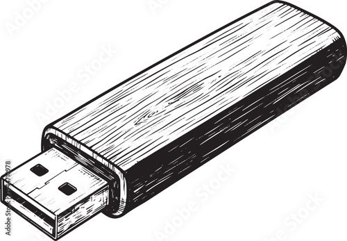 Black and white hand-drawn USB flash drive for technology and da
