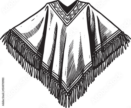 Illustration of a Traditional White Poncho with Black Fringe and