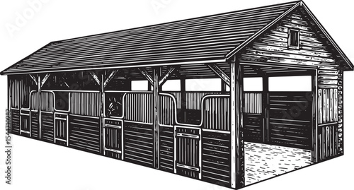 Detailed black and white illustration of a stable with a horse i