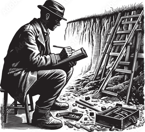 Vintage excavation scene featuring a researcher documenting find