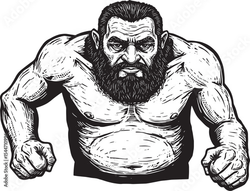 Powerful Bearded Man Illustration in Black and White, Strong Exp