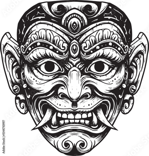 Intricate Black and White Illustration of a Traditional Balinese