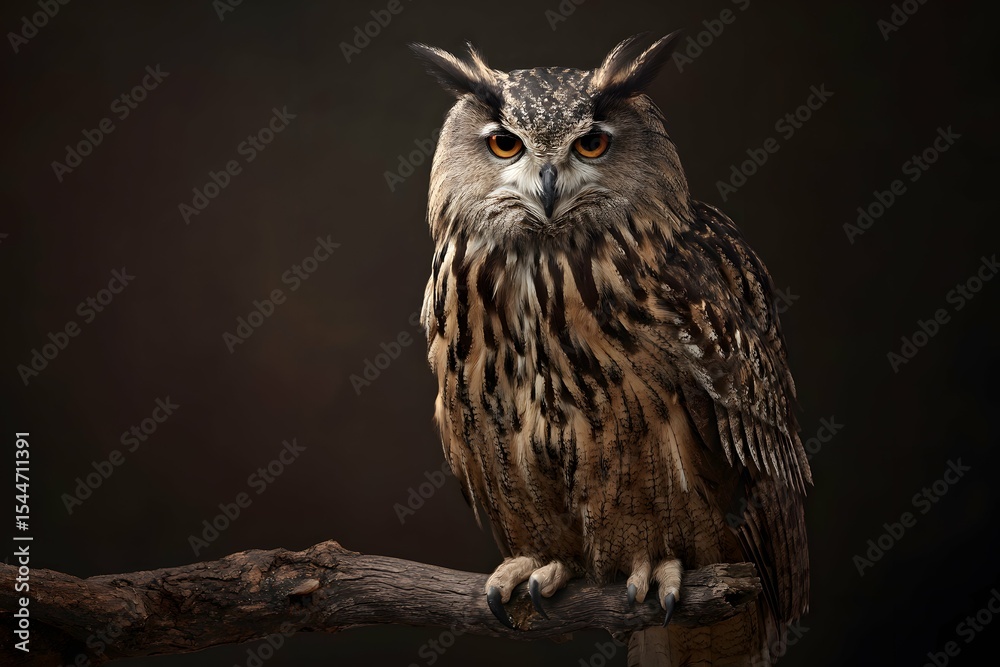 Fototapeta premium A soulful owl gazes intensely from its rustic perch, revealing quiet wisdom and mystery.