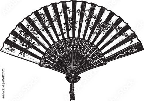 Intricate Black and White Hand Fan Illustration with Floral and