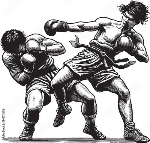 Dynamic woodcut illustration depicting a boxer evading an oppone