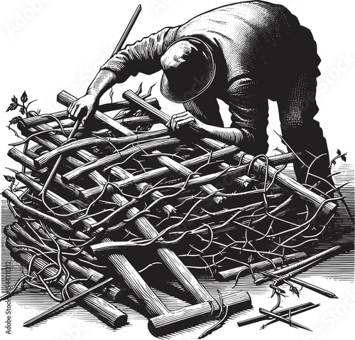 Monochrome illustration of a man building a trap with thorny bra