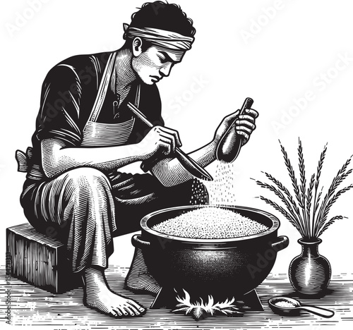Intricate Woodcut Illustration: Man Cooking Rice in a Traditiona