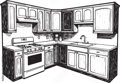 Monochrome kitchen illustration with cabinets, appliances, and s