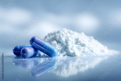 Close-up of sleek blue capsules and fine white powder on reflective surface.