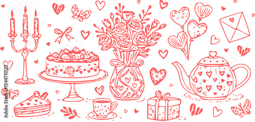 Whimsical celebration icons with love symbols and tea party elements in red hand-drawn linework.