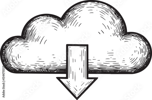 Hand-drawn Cloud Icon with Download Arrow Illustrating Data Tran