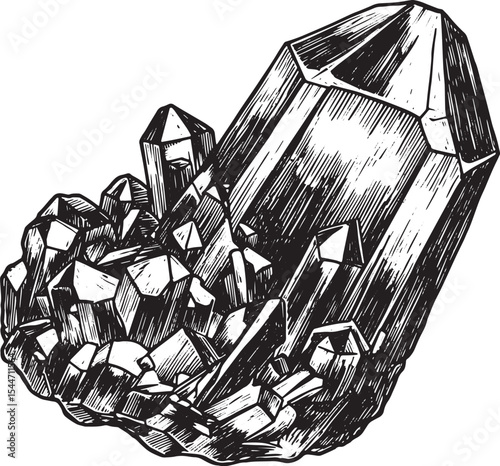 Detailed Black and White Illustration of a Crystalline Mineral F