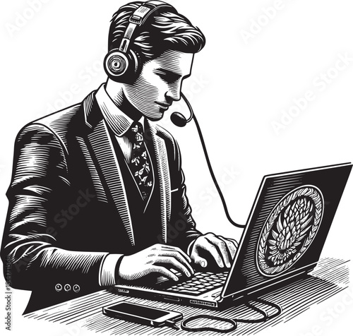 Professional preparing for digital connection with headset and l