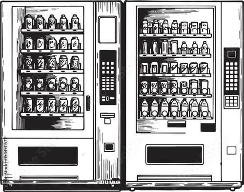 Black and white illustration of two vending machines filled with