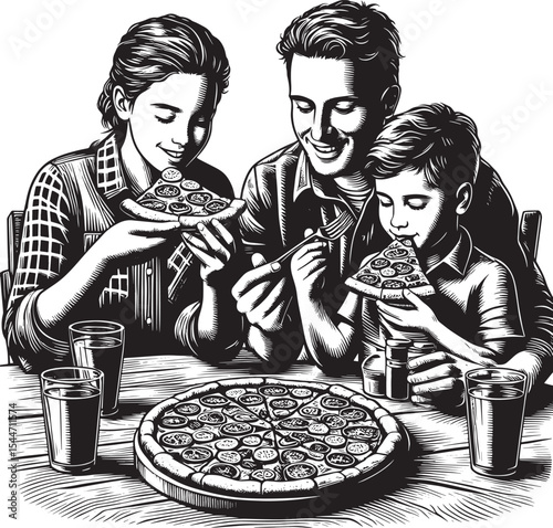 Monochrome family dining joyfully with pizza, woodcut drawing an
