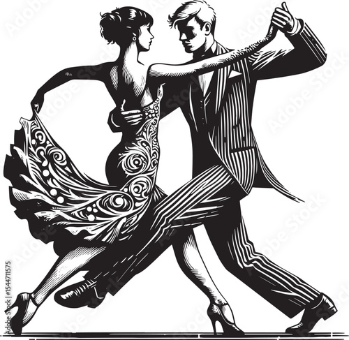 Monochrome illustration showcasing tango dancers in coordinated