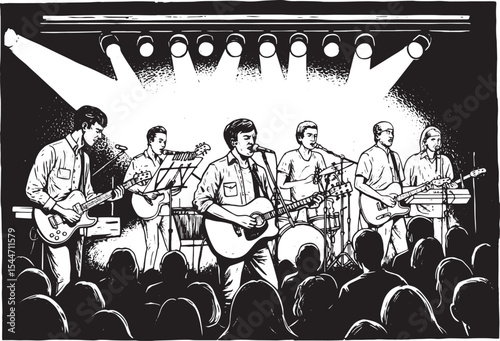 Illustration of a band performing on stage in front of an audien