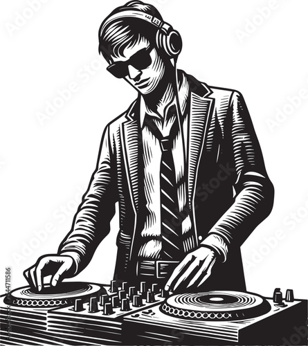 Monochrome woodcut illustration of a DJ with headphones spinning