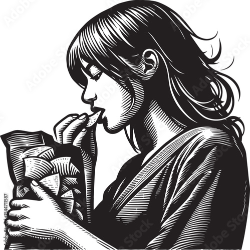 Monochrome woodcut illustration of a young woman enjoying a snac