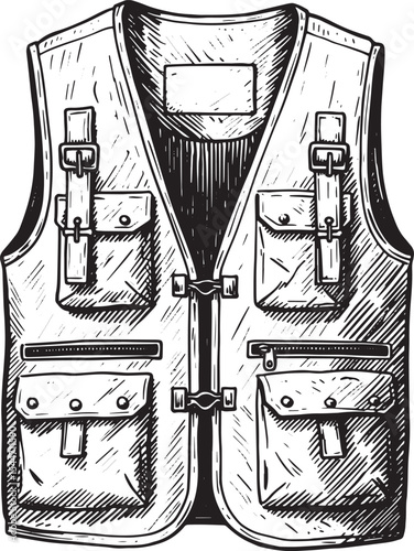 Detailed Ink Drawing of a Fishing Vest with Pockets and Buckles