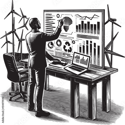 Renewable energy analyst visualizing wind power graphs on smart