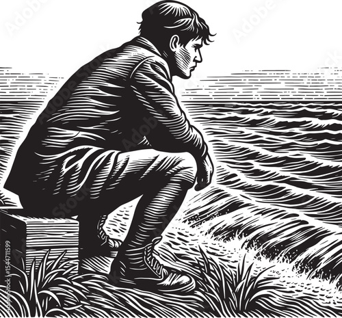 Contemplative moment monochrome linocut of a man at the water's