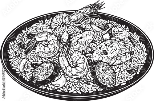 Black and white illustration of paella with shrimp and sausage o
